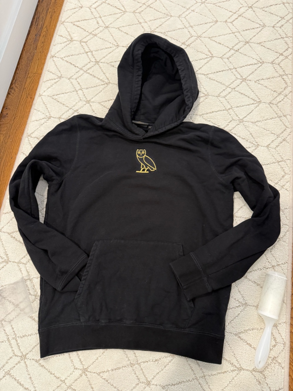 Ovo Black Hoodie with Small Gold Owl Logo